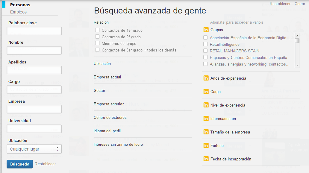 cuadro de búsqueda avanzada en Linkedin para mejorar red de contactos